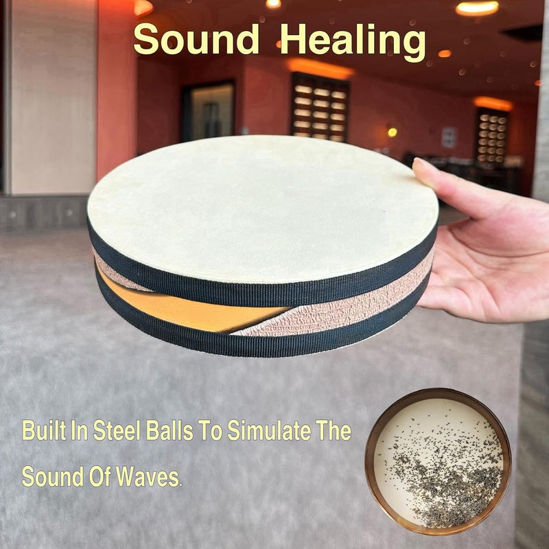 BORIYAM Ocean Drum,10'' Handmade Wooden,Natural sheepskin，Musical Healing Instrument, Orff Percussion, Simulates the Sound of Ocean Waves,For Recreation,Yoga Meditation, Stress Relief and Relaxation - Image 5